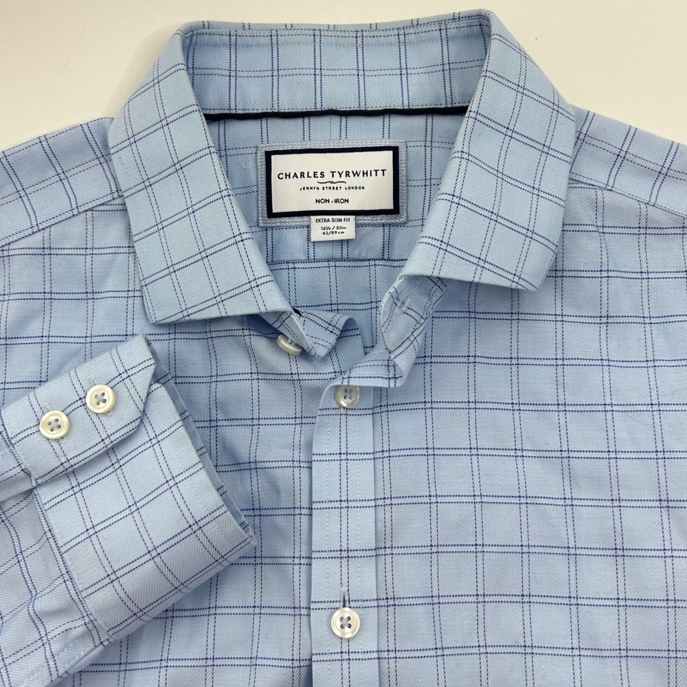 Charles Tyrwhitt Extra Slim Fit Dress‎ Shirt Light Blue Check Non Iron 16.5 35